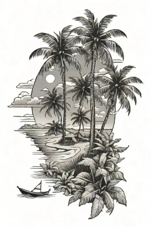 sunny beach with ocean and palm trees mens black and grey  tattoo design idea