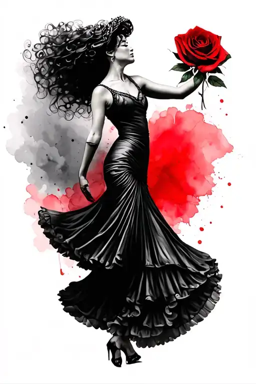 Black and white flamenco dancer, with red watercolor touches and a range + 1 red rose tattoo design idea
