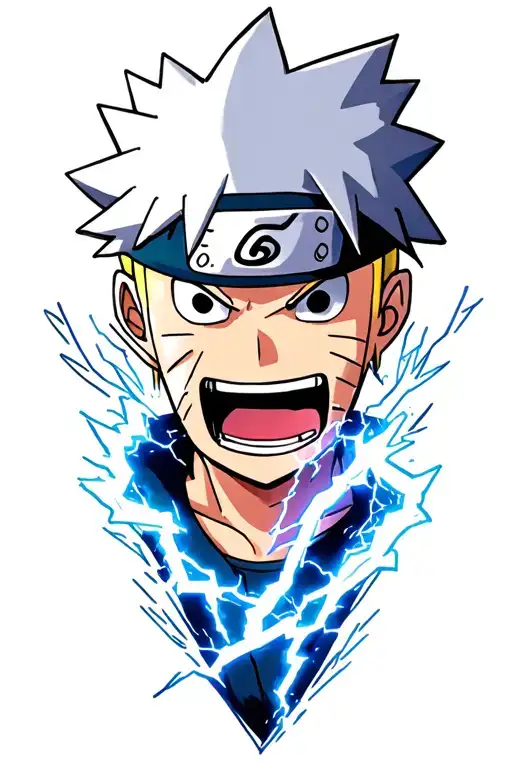 Anime incorporate, Naruto, Kakashi, Jiraiya, Natsu and Luffy, intense/fierce reaction, vibrant lightning background tattoo design idea