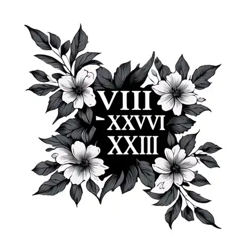 "VIII-XXVI-XXIII" text wth modern floral and leaf design tattoo design idea