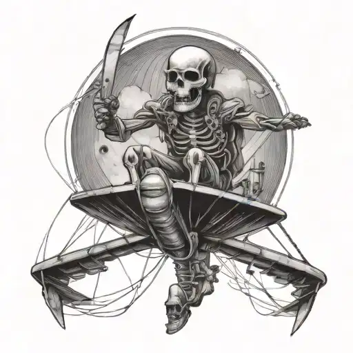 skeleton and parachutes jumping out of planes flying overhead tattoo design idea