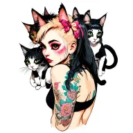 woman punk with gang of cats tattoo design idea