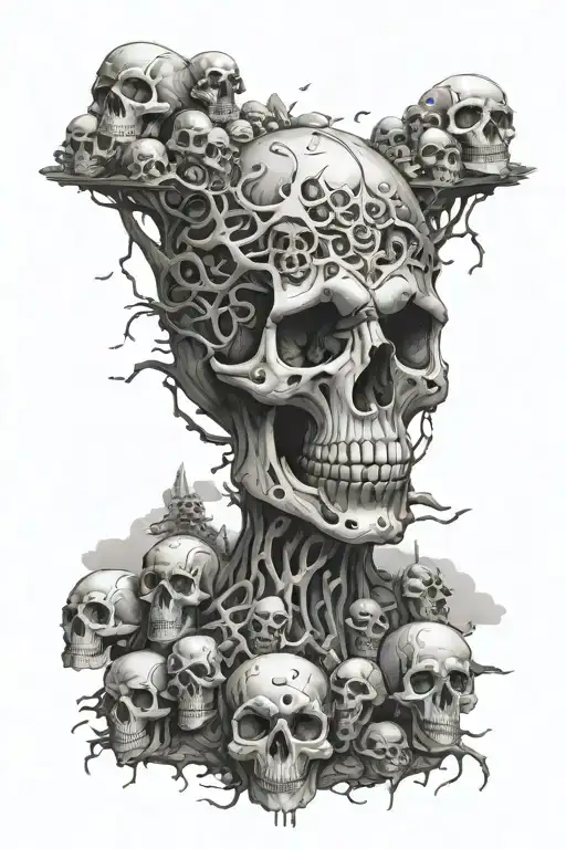 design a person walking thru a valley of skulls to get to a third eye tattoo design idea