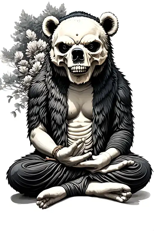 berserker sitting in meditation pose, hands like buddha, head th skull of a bear tattoo design idea