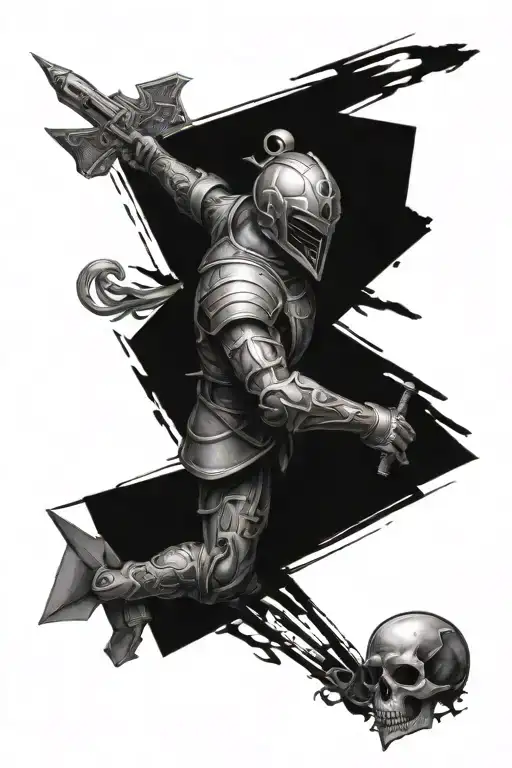 a futurist war battle black and white tattoo with renaissance era style tattoo design idea