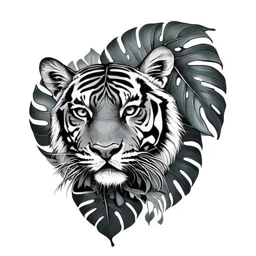 tiger and monstera leaf intertwined tattoo design idea