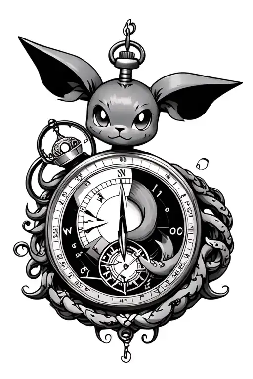 a compass and a pocket watch Umbreon and a small medusa hidden in the design tattoo design idea