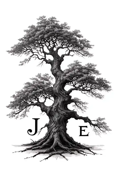 A realistic, B&W tree with 3 main branches and at the end of these branches with a written J, an E and another J letter. tattoo design idea
