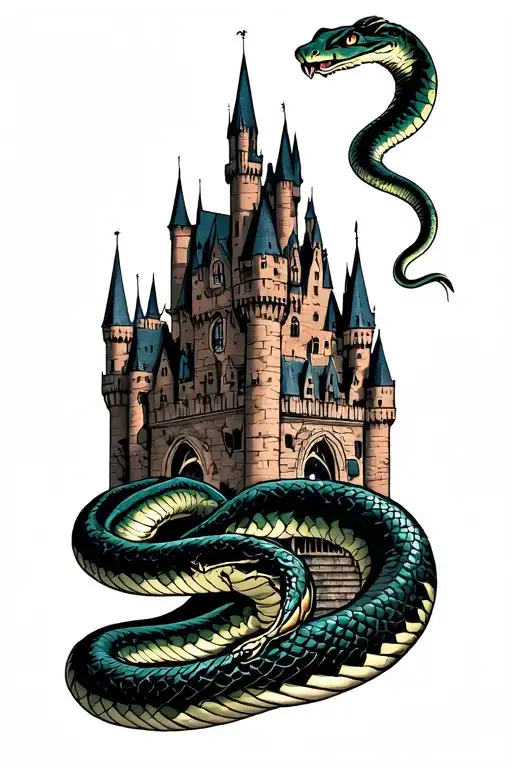 hogwarts castle with a giant snake climbing up that looks like nagini from Harry potter tattoo design idea
