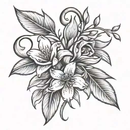 create a traditional style tattoo of an olive branch with a crescent moon, a heart, a lilly flower and a border scroll t tattoo design idea