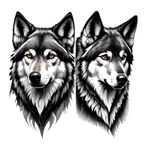 Realistic tattoo design of two wolves, one on each side of the chest. Each wolf is facing forward, looking directly at t tattoo design idea