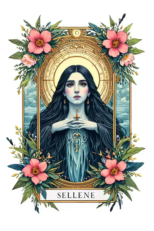 selene goddess in tarot card with floral frame tattoo design idea