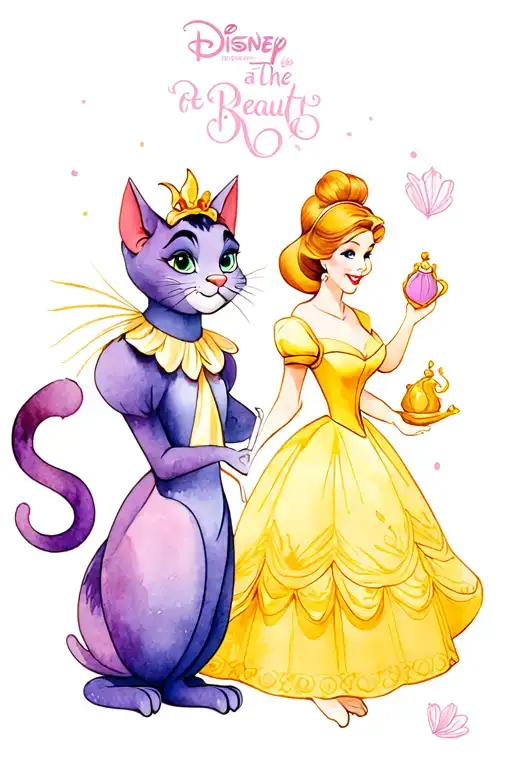 disney sleeve watercolour background, cheshire cat, marie from aristocats, belle, chip and mrs potts from beauty and the tattoo design idea