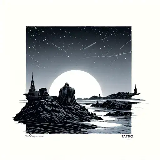 the binary Sunset scenery from Star Wars, minimalistic fine Line  tattoo design idea