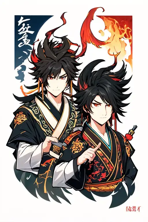 animes like demon slayer two personages, Kyōjurō Rengoku and Tanjirō Kamado tattoo design idea