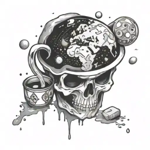 the earth getting a cup of lean poured onto it with a galaxy back ground and pills surrounding the planet with 999 at tm tattoo design idea