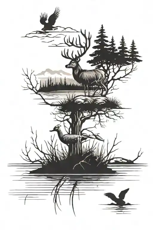 river, ducks, pine trees, prairie grass, barb wire, deer antler tattoo design idea