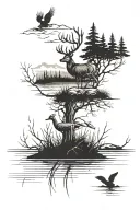river, ducks, pine trees, prairie grass, barb wire, deer antler tattoo design idea