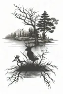 river, ducks, pine trees, prairie grass, barb wire, deer antler tattoo design idea