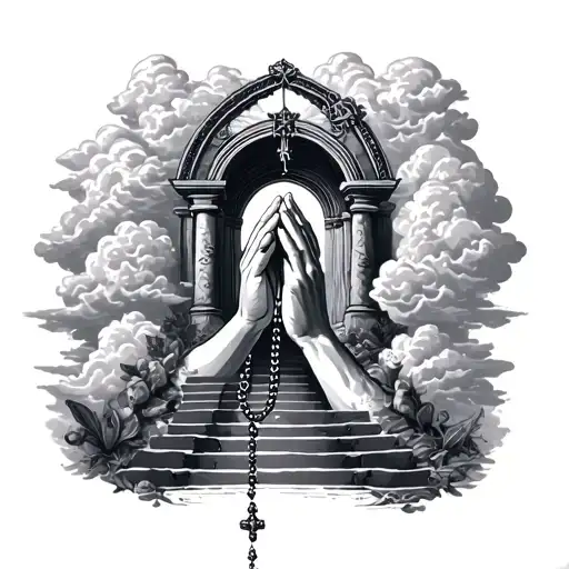 praying hands holding a rosary surrounded by clouds with staircases to heavens gate  tattoo design idea