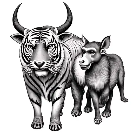 Family portrait of us as our chinese zodiacs ox, tiger, horse, monkey, rat and goat tattoo design idea
