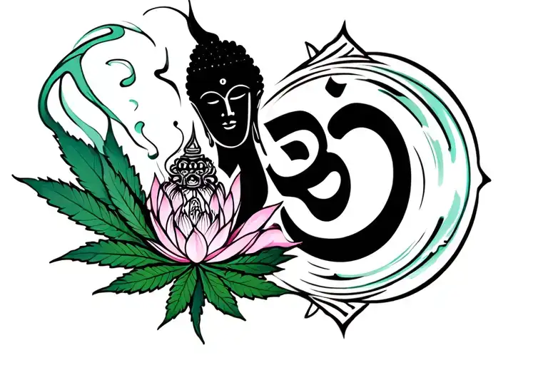 weed leaf, buddah head, lotus, om symbol,   smoke tattoo design idea