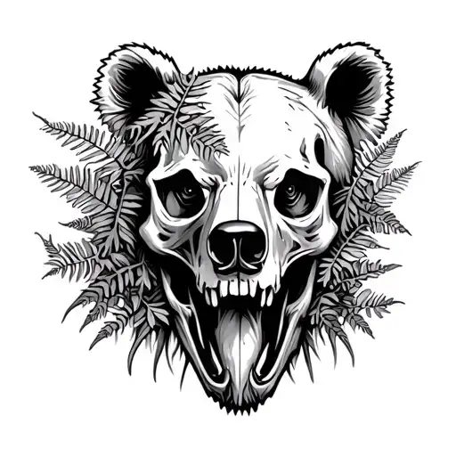 bear skull with ferns sprouting tattoo design idea