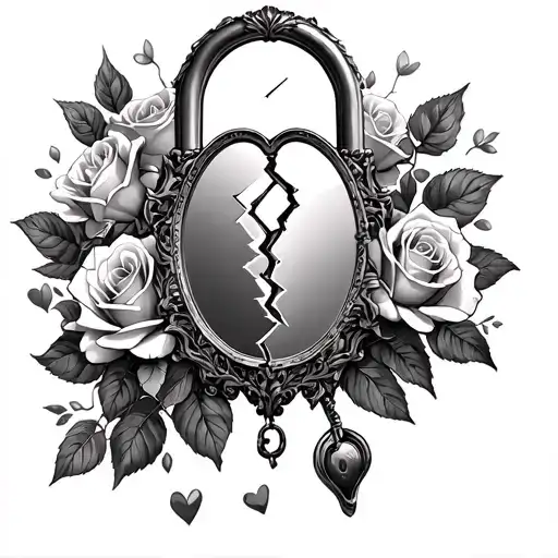 Never ever love a liar, roses, broken mirror, padlock, black and white tattoo design idea