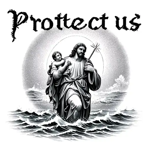 "Protect us" saint Christopher carrying the Christ child across rough water tattoo design idea