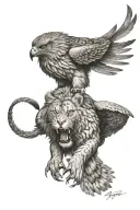 Hawk and its wings wrapped around roaring lion tattoo design idea