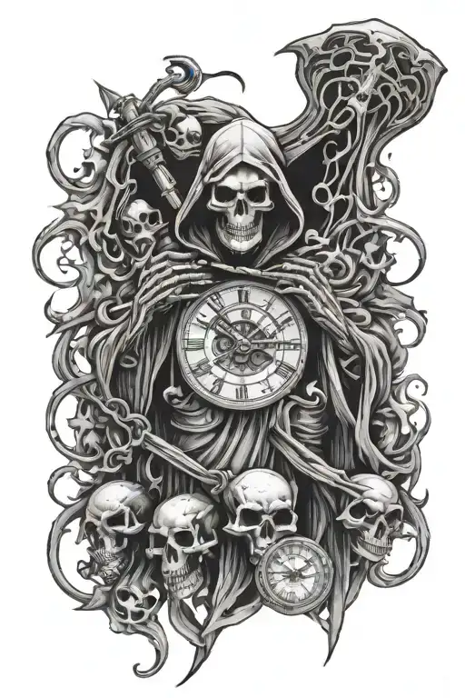 full tattoo sleeve grim reaper at the top, angry demon underneath, a broken clock and three skulls shading around design tattoo design idea