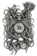 full tattoo sleeve grim reaper at the top, angry demon underneath, a broken clock and three skulls shading around design tattoo design idea