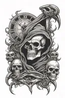 full tattoo sleeve grim reaper at the top, angry demon underneath, a broken clock and three skulls shading around design tattoo design idea