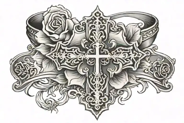 rose armband with gothic cross tattoo design idea