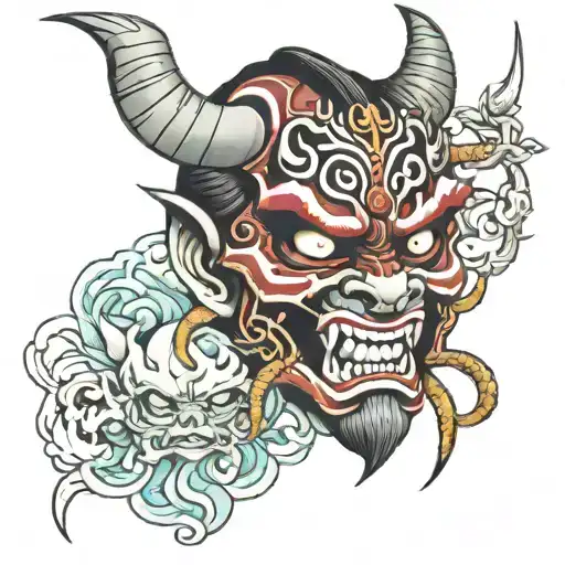 oni mask split in half tattoo design idea