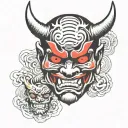 oni mask split in half tattoo design idea