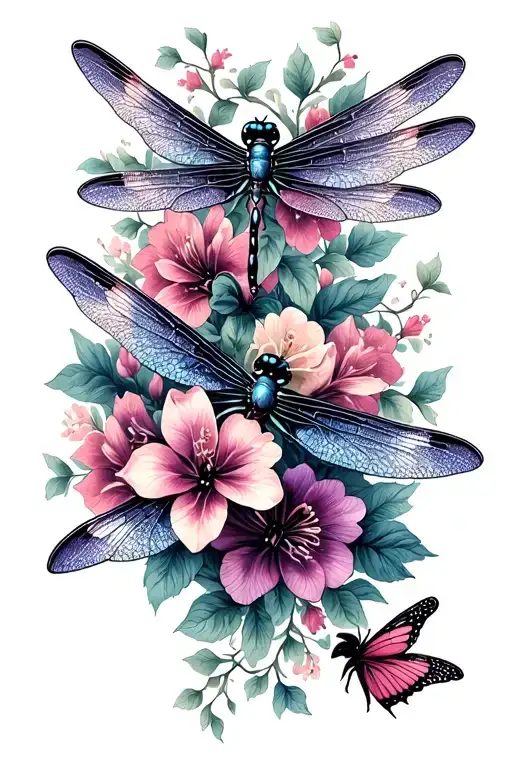 unique dragonflies and butterflies intertwined  with trailing belladonna and oleander flowers tattoo design idea
