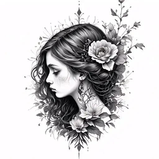 A solemn, mysterious feminine figure—represents forgotten places, memories.  embodies sorrow, stillness, grief tattoo design idea