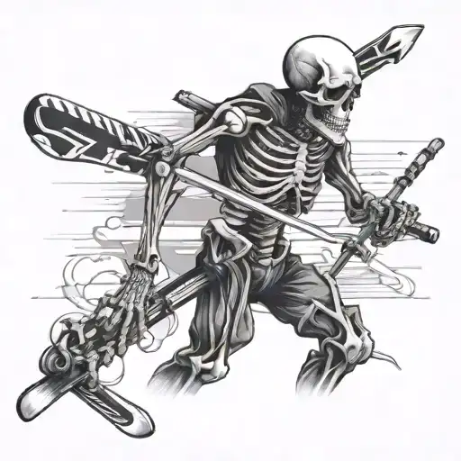 Skeleton holding a pair of skis over his shoulder in one arm, a pair of poles in the other arm tattoo design idea