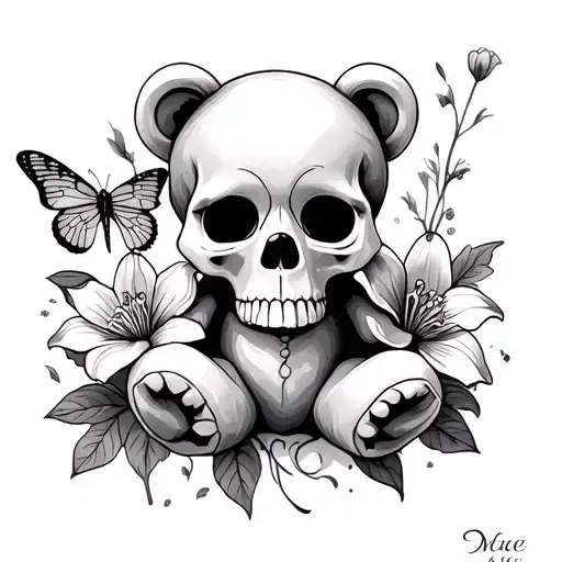 teddy bear, skull , butterfly , dragonfly ,lady slipper flowers tattoo design idea