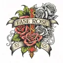 rose and cross name ribbon wrapped tattoo design idea