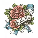 rose and cross name ribbon wrapped tattoo design idea