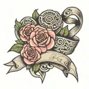 rose and cross name ribbon wrapped tattoo design idea