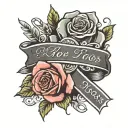 rose and cross name ribbon wrapped tattoo design idea