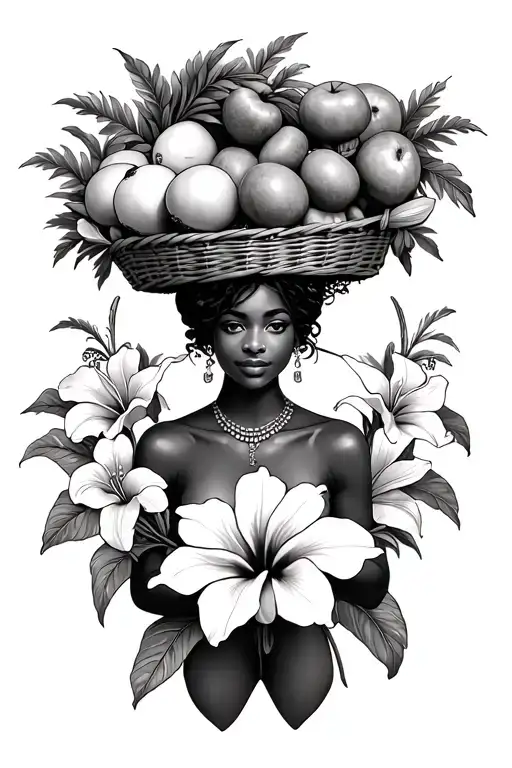 Haitian woman with fruit basket on head with hands surrounded hey hibiscus flowers and tiger lilies  tattoo design idea