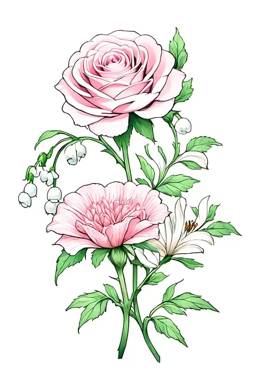 3 flowers, one rose, one carnation and one lily of the valley, minimalist, light shading with greenery behind tattoo design idea