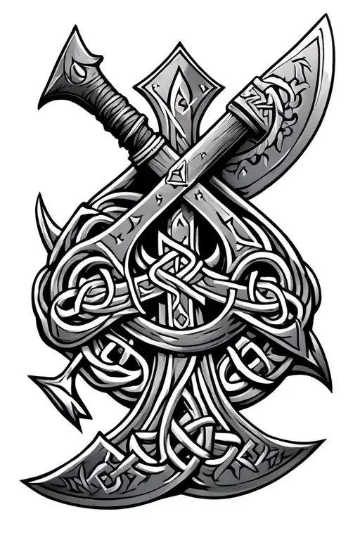 sleeve tattoo of norse viking axe and Celtic cross, runes and knot designs. tattoo design idea