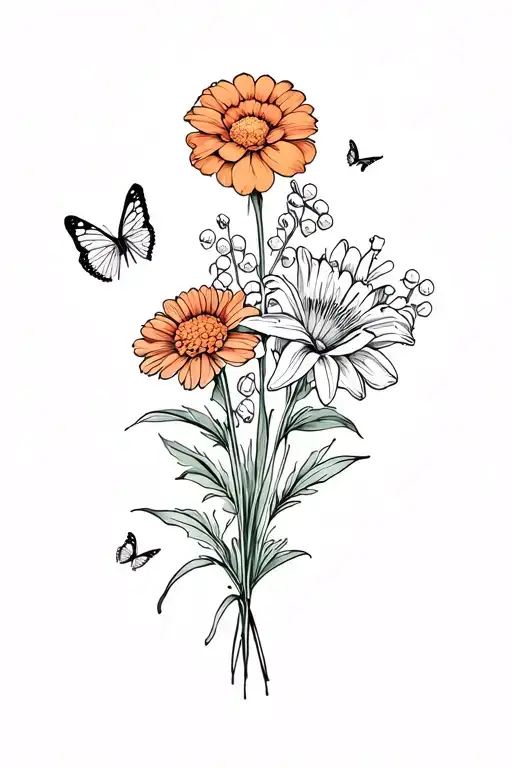 flower bouqet of the flowers: marigold, chrysanthemum, and lily of the valley with 2 small butterflies around it tattoo design idea