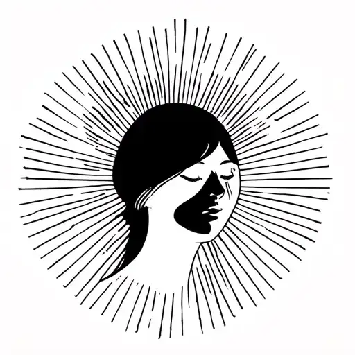 Peaceful female face or dove head, eyes closed, with faint sunrise lines behind it. tattoo design idea