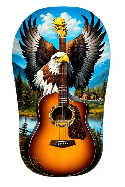 accoustic guitar, bald eagle, log cabin tattoo design idea